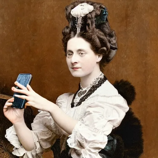 Prompt: Victorian aristocrat lady using a hand fan and using a cell phone