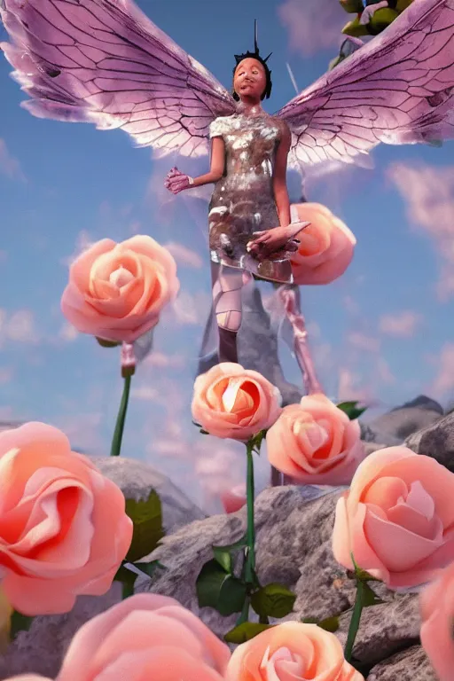 Image similar to milky crystal quartz eyeballs with wings. peach roses, background heavenly sky by basquiat, Trending on artstation. halo. octane render, cinematic, hyper realism, octane render, 8k, depth of field, 3D