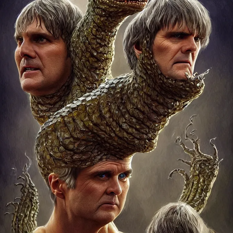 Image similar to hydra of lerna with two heads, one head is jim carey as lloyd christmas, the other head is jeff daniels as harry dunne ( from dumb and dumber ), serpentine water monster, d & d, fantasy, portrait, highly detailed, digital painting, trending on artstation, concept art, sharp focus, illustration, art by artgerm and craig mullins