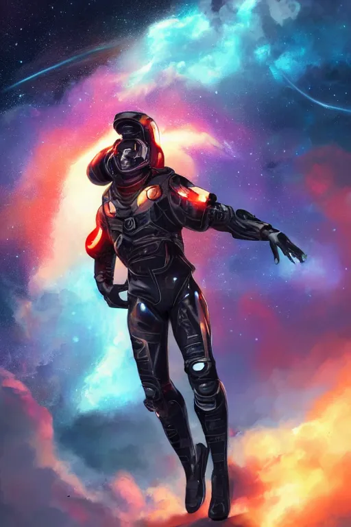 Prompt: cinematic action shot handsome black man in an advanced spacesuit in front of exploding nebulae halos, digital illustration trending on artstation by artgerm and rutkowski