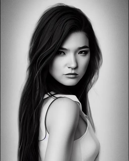 Image similar to full body portrait of a beautiful young woman in black and white, photorealistic, hair down to waist, sharp focus, in the style of Kevin Kostic, Stephen Lau and artgerm, hyper sharp focus, 8k highly detailed