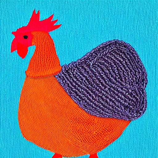 Image similar to A chicken knitting a scarf,