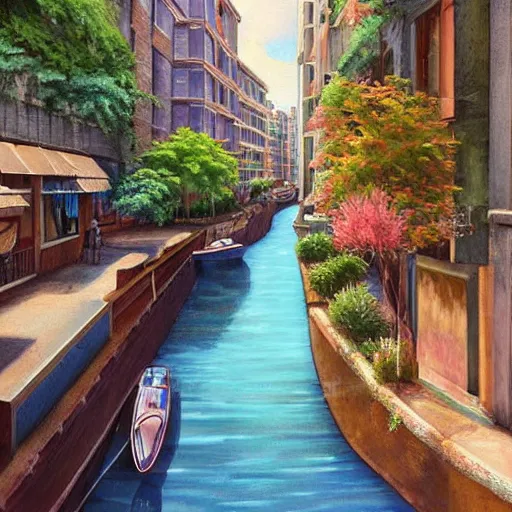 Prompt: Narrow cosy waterway in city of the future in harmony with nature. Nice colour scheme, soft warm colour. Beautiful detailed painting by Lurid. (2022)