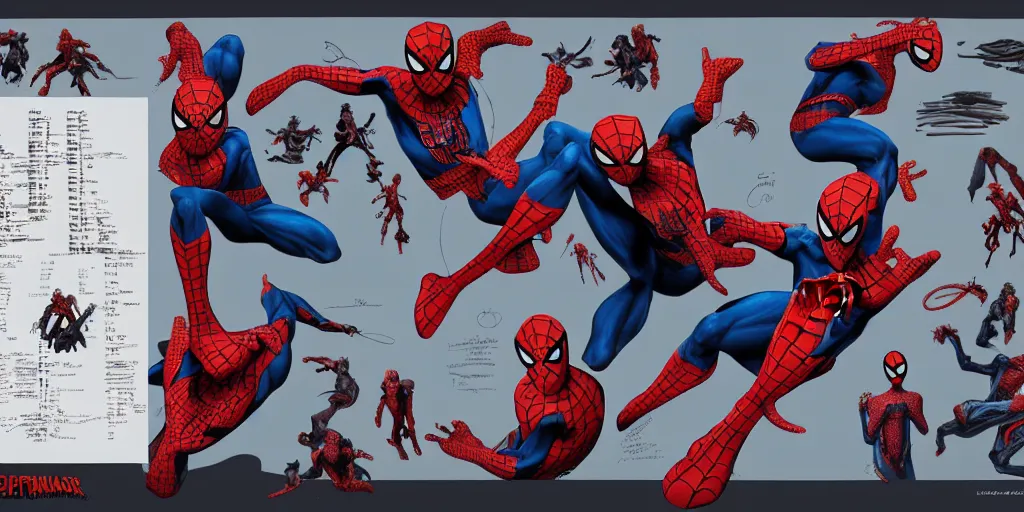 Image similar to spiderman, character sheet, concept design, contrast, kim jung gi, greg rutkowski, zabrocki, karlkka, jayison devadas, trending on artstation, 8 k, ultra wide angle, pincushion lens effect