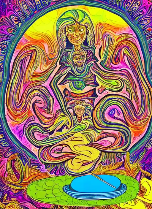 Prompt: psychedelic art of mother making peanut butter and jelly sandwiches, spiritual art of the matriarch in the kitchen, lysergic, mushrooms, dmt, maternal, motherly, warm, wholesome