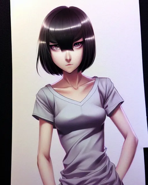 Image similar to a female student with a bob cut hair style. beautiful shadowing. art by Artgerm and Range Murata.