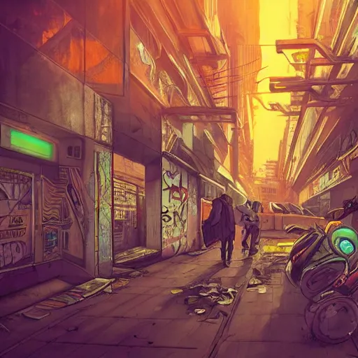 Prompt: graffiti on a wall in a run down building, happy mood, cyberpunk, futuristic, neon, high detail, golden light, realistic