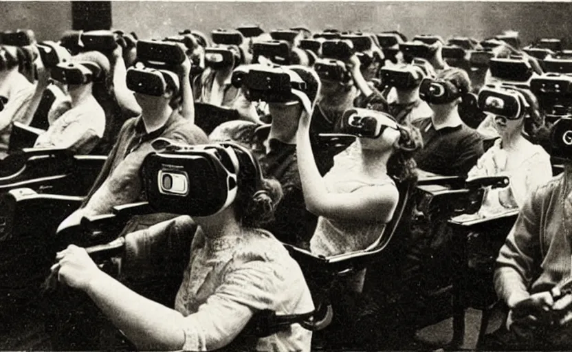 Image similar to 1 9 0 0 s photo of people wearing virtual reality headsets vr in a movie theater masterpiece