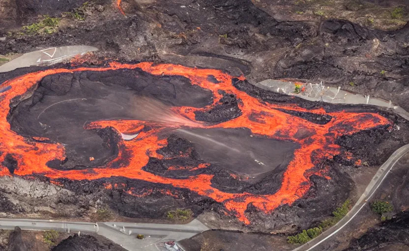 Image similar to a skatepark surrounded by molten lava, aerial photo