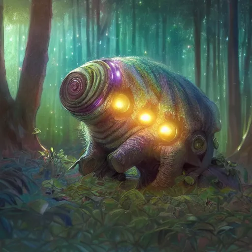 Image similar to ultra realistic illustration of magical tardigrade, forest, fantasy, colorful lights, intricate, elegant, highly detailed, digital painting, artstation, concept art, smooth, sharp focus, illustration, art by artgerm and greg rutkowski and alphonse mucha