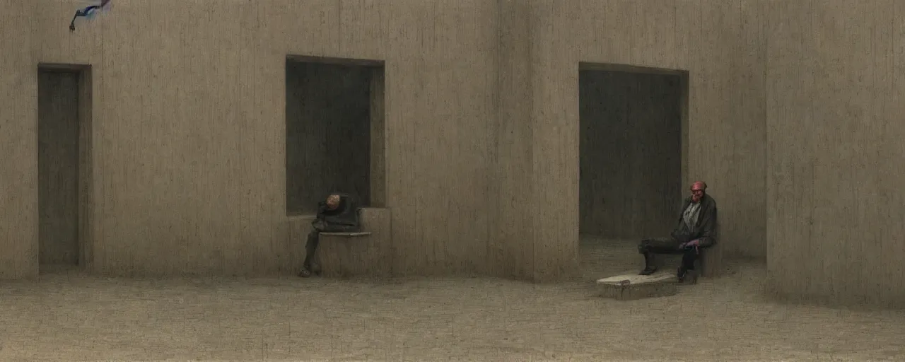 Prompt: lonely man working in a cubical in the middle of an empty city square in a dystopian future, depair, dystopian, by rutkowsky and zdizislaw beksinski