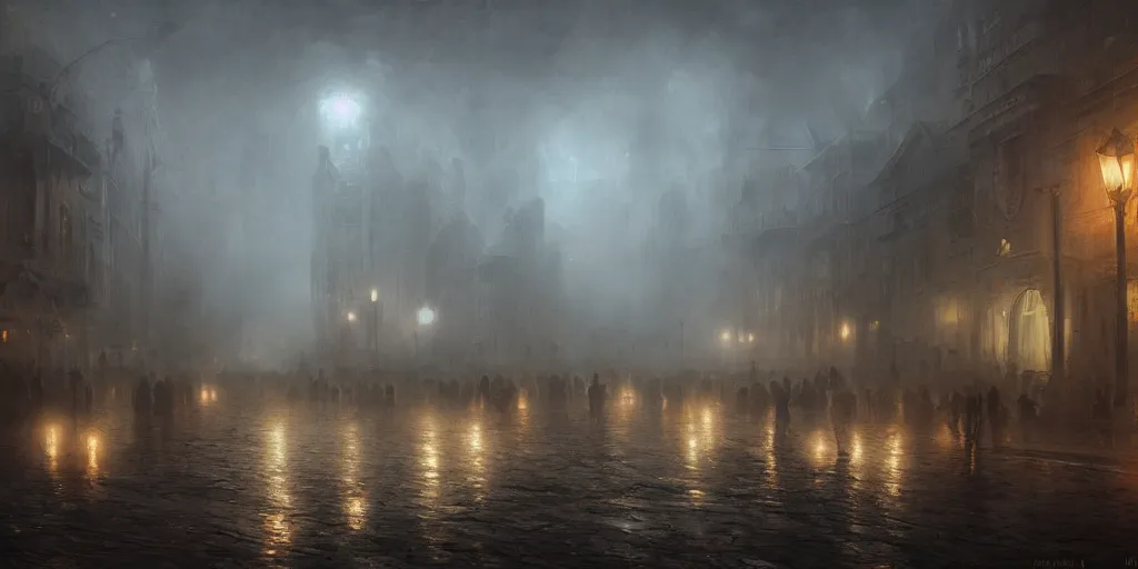 Image similar to a parade in a heavy swirling fog, soft lighting, night, stephen bliss, misty, unreal engine, digital art, 8 k, oil painting, fantasy art, illustration, detailed and intricate environment