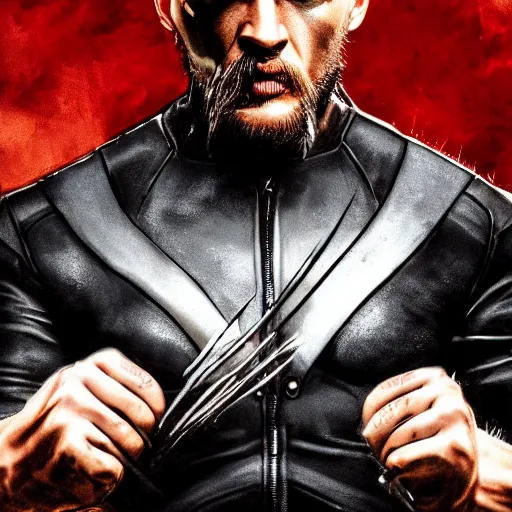 Image similar to Tom Hardy as wolverine in Black Damaged leather suit Digital art 4K quality Photorealism