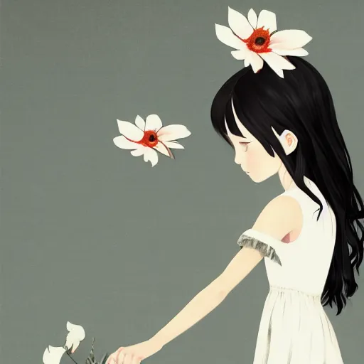 Image similar to little girl with her long black hair flower, dressed in a simple white dress, anime art style, digital artwork made by ilya kuvshinov, inspired in balthus