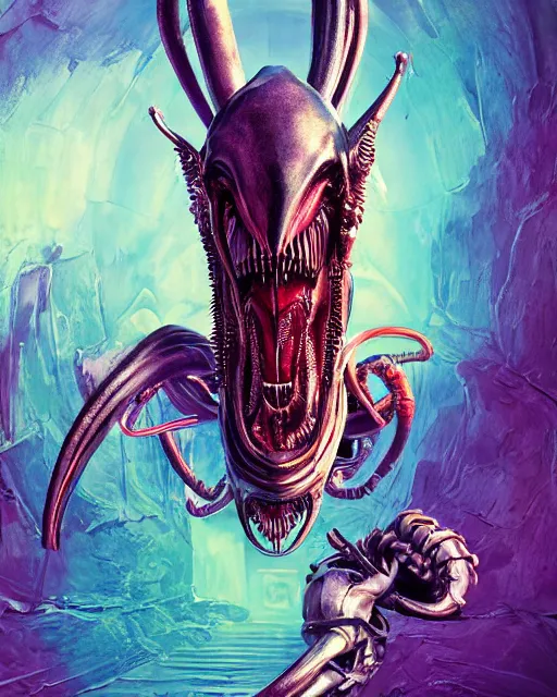 Image similar to abstract xenomorph rabbit in wonderland, highly detailed, concept art, scifi, bizarre, colorful, sharp focus, trending on artstation, intricate, atmosphere, art by roman makarenko, dzung phung dinh