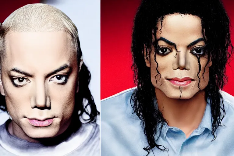 Image similar to michael jackson collabs with eminem to make an epic rap song, coloured background, close up, photorealistic, 8 k