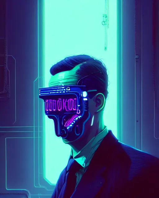 Image similar to cyberpunk synth, hyper - realistic portrait of a man in a suit with detailed neon mask, cyberpunk, intricate, digital painting, by atey ghailan, by greg rutkowski, by greg tocchini, by james gilleard, by joe fenton, by kaethe butcher, dynamic lighting, gradient light blue, lighting color scheme, sharp focus, grunge aesthetic