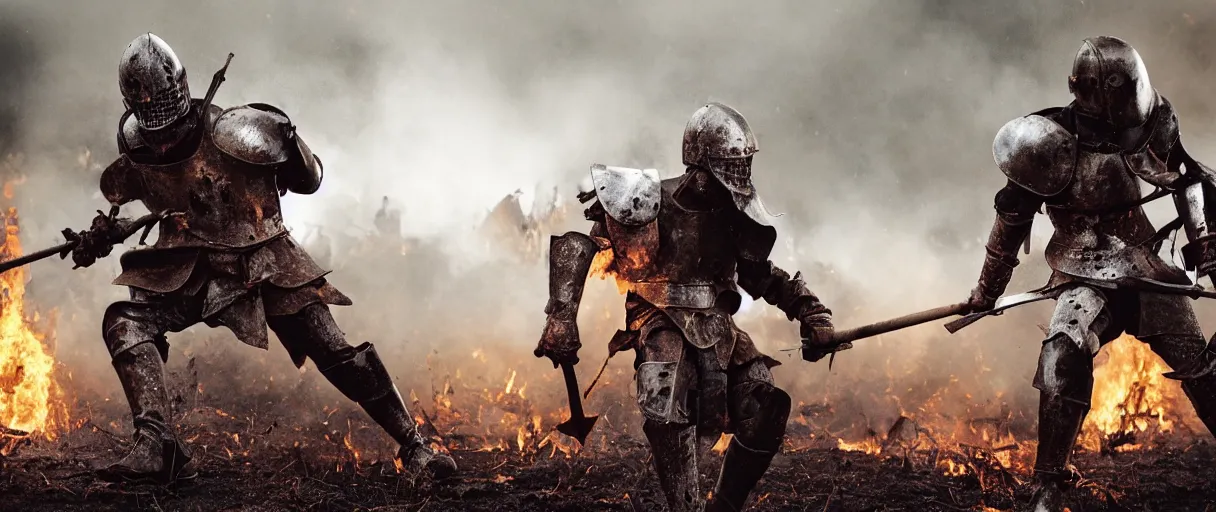 Image similar to knights in battle, rusted armor, swinging swords, kicking, boots stabbing, burning houses, running, fear, sanguinary blood splatters, flying mud, debris, boots, smoke, fighting, field, burning houses, dead bodies, wet, dawn, cold breath, hyper realistic, octane render, hyper detailed, cinematic, crane shot medium