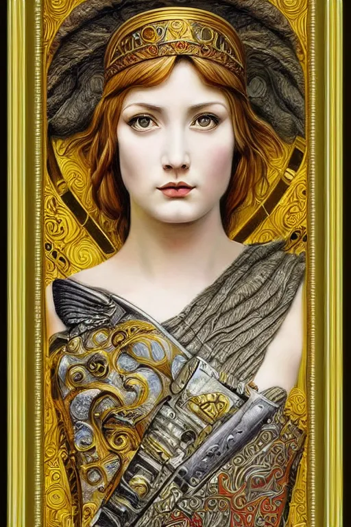 Image similar to hyper realistic painting of the goddess athena, art deco, art nouveau, hr giger, bussiere, gustav klimt, extremely detailed, intricate border