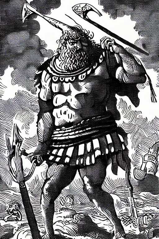 Image similar to ancient historically accurate depiction of the Bible Character Goliath of Gath, the Philistine warrior giant by mcbess