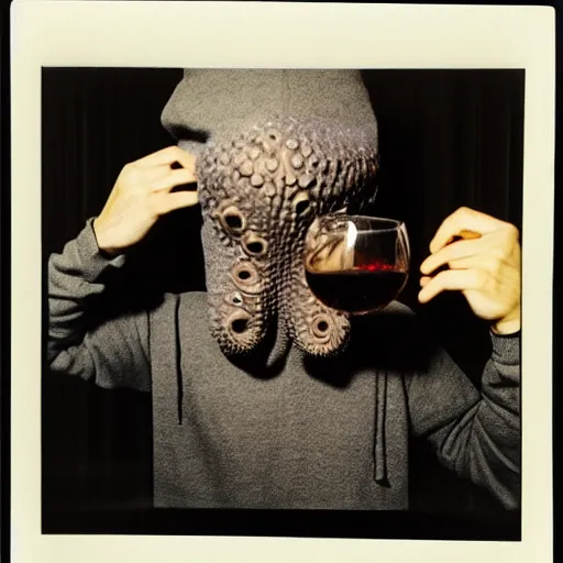 Prompt: surreal, photo of man in realistic octopus mask in a hoodie, holding a glass of wine, 8 0 - s fashion, polaroid photo, by warhol,