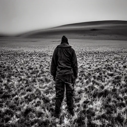 Prompt: lonley standing in the middle of a wild tenebrous steppe, dry grass, foggy,haunted, dark, creepy, Silent Hill style, lonely vibe, silent hill vibe