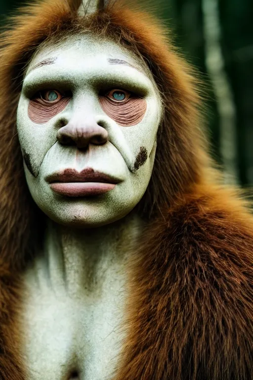 Image similar to a professional portrait photo of a neanderthal woman in the forest in winter holding a spear, dirt on face, black stripe painted side to side across her eyes, ginger hair and fur, extremely high fidelity, natural lighting, still from the movie clan of the cave bear