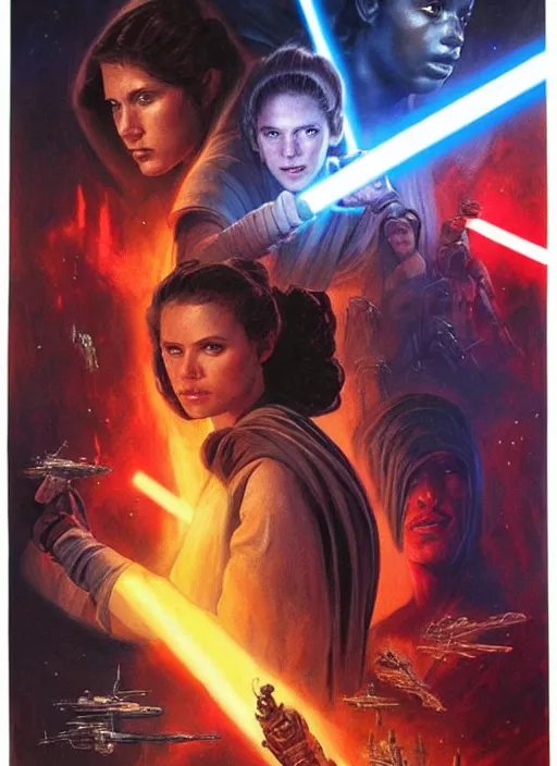 Image similar to epic cinematic poster artwork for featuring portraits for lost star wars film end of an empire ( 1 9 9 0 ), moody painting by drew struzan, beautiful backlit, colorful, iconic composition, epic award winning, artstation, extremely detailed, flare, photorealistic, 4 k