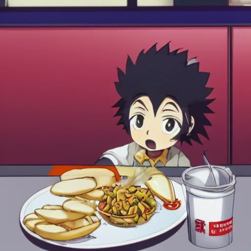 Image similar to Tanjiro Kamado eating at McDonalds; anime