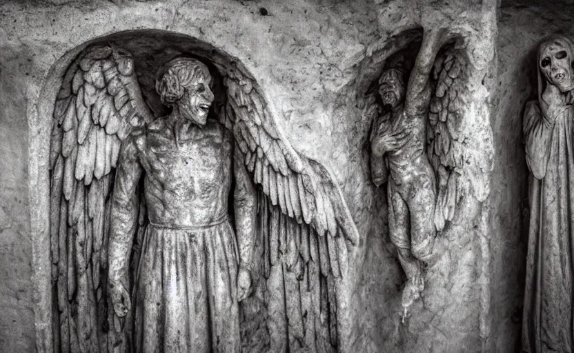 Prompt: several decrepit creepy statues of the archangel gabriel smiling, placed throughout a dark claustrophobic old catacomb, realistic, underexposed photography, security camera footage, wide shot, sinister, foreboding, grainy photo