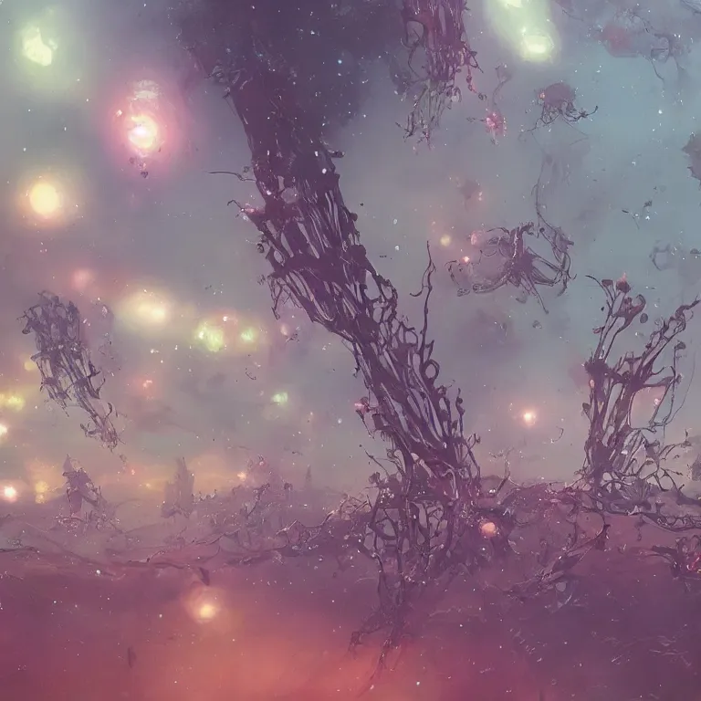 Image similar to neurons interconnecting, nebulas forming, tendrils, sci - fi concept art, by john harris, by simon stalenhag, stunning, award winning