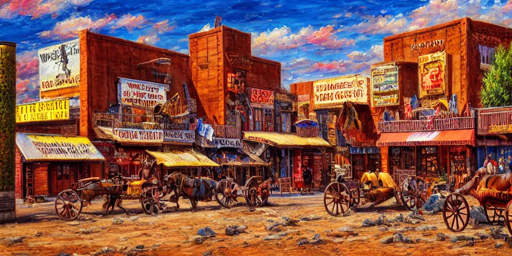 Image similar to oil painting of wild west town, western, old west, vivid colors, warm colors, high production value, intricate details, high resolution, hyperrealistic, hdr, high definition, masterpiece, ultra realistic, highly detailed, hd, sharp focus, non blurry, sharp, smooth