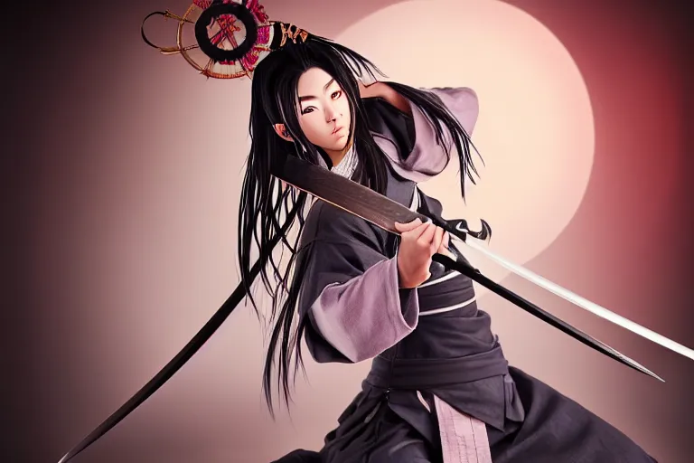Prompt: highly detailed beautiful photo of a madison beer as a female samurai, practising sword stances, art by koyoharu gotouge, symmetrical face. beautiful eyes, realistic, 8 k, award winning photo, pastels colours, action photography, 1 / 1 2 5 shutter speed, sunrise lighting,