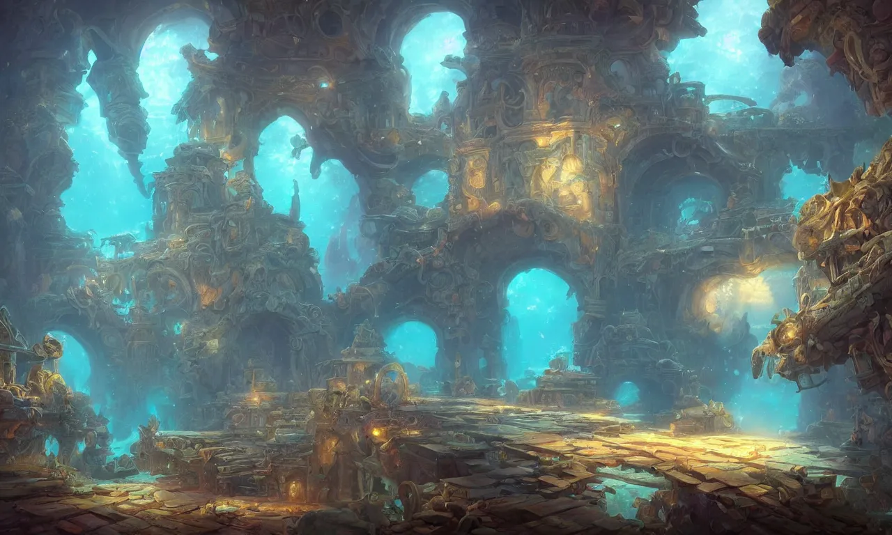 Image similar to a beautiful painting of a lost temple of the underwater world, atlantis, light effect, by tyler edlin and greg rutkowski, unreal engine, trending on artstation
