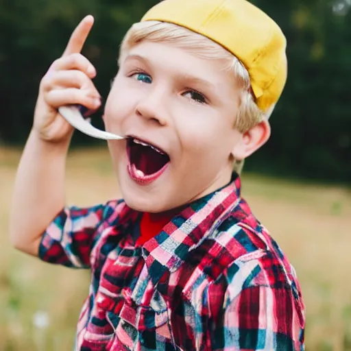 Image similar to blonde boy biting a hat