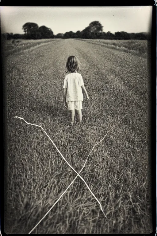 Image similar to photo polaroid of sad and lonely childin the middle of a country road holding the thread of a kite many flowers in the fields , loneliness, black and white ,photorealistic, 35mm film,