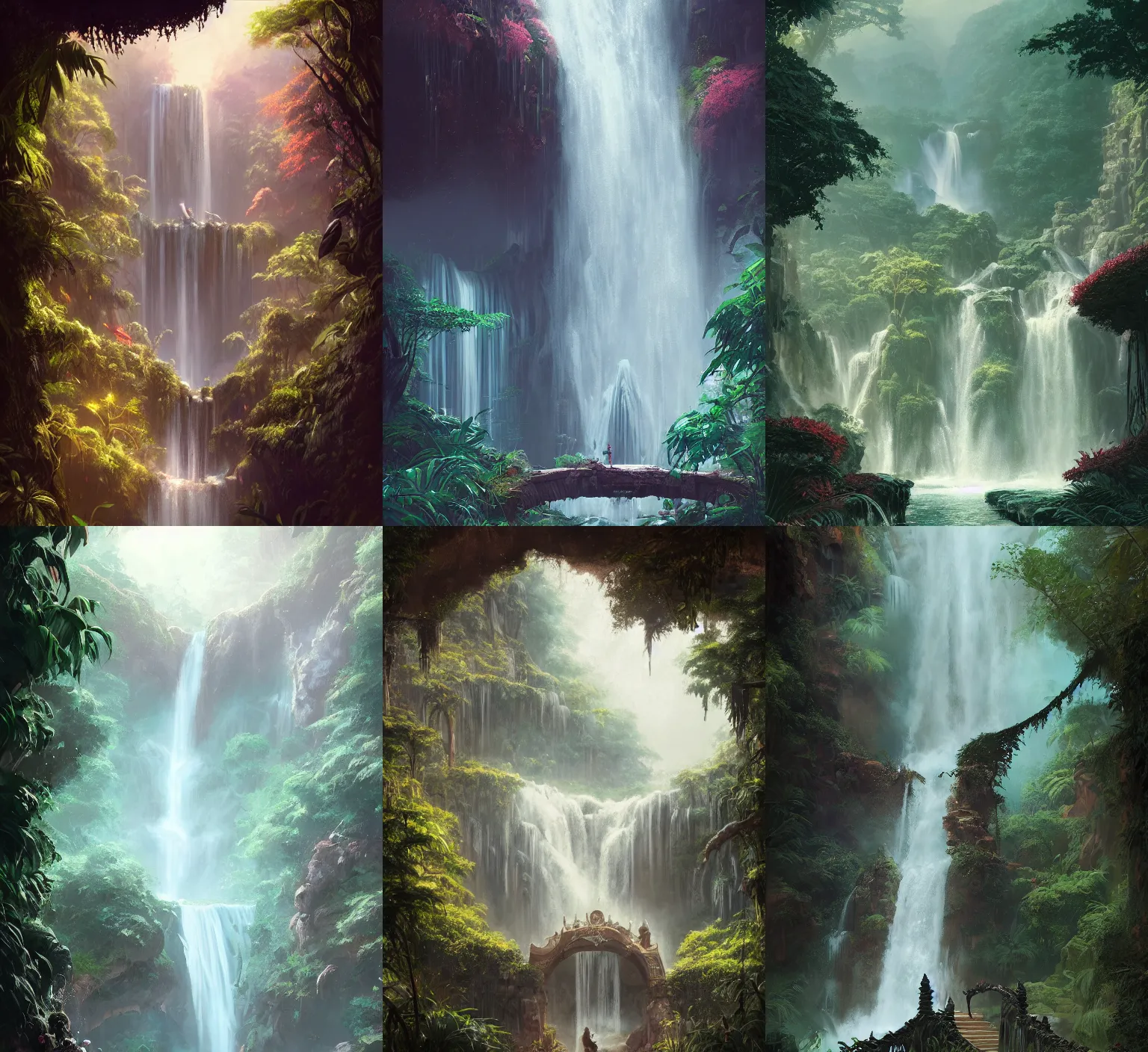 Prompt: a beautiful detailed matte painting of ancient ornamental mystical gate in the middle of jungle waterfall by atey ghailan, by greg rutkowski, hyper realistic, dynamic lighting, concept art, vibrant, detailed, grunge aesthetic, trending on artstation