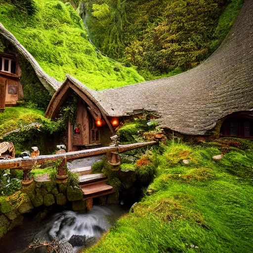 Image similar to inside a medieval hobbit home, ornate, beautiful, atmosphere, vibe, mist, smoke, chimney, rain, wet, pristine, puddles, waterfall, melting, snow, creek, lush, ice, bridge, forest, flowers, james jean