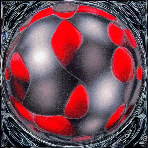 Image similar to chrome spheres on a red cube by ayami kojima