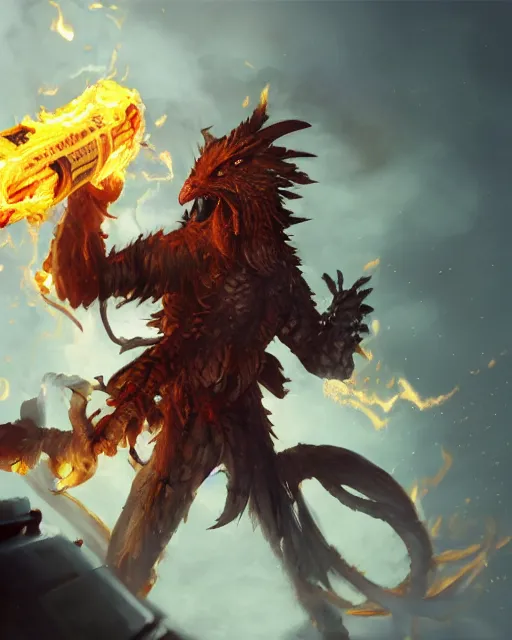 Image similar to Chicken, Anthropomorphized, holding flamethrower, raging, Golden city atmosphere, magic the gathering artwork, D&D, fantasy, cinematic lighting, centered, symmetrical, highly detailed, digital painting, artstation, concept art, smooth, sharp focus, illustration, volumetric lighting, epic Composition, 8k, art by Akihiko Yoshida and Greg Rutkowski and Craig Mullins, heroic pose, oil painting, cgsociety