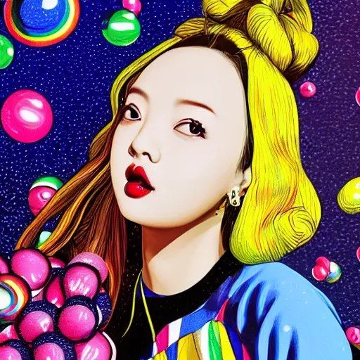 Image similar to an illustration that caricaturizes im nayeon of twice, highly detailed, refined spontaneity, colorful, bubbles, candy - coated, sugary sweet, yellows and blues