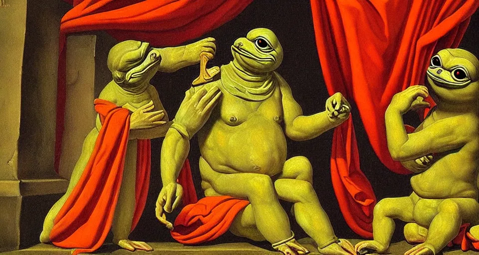 Prompt: pepe worship, ancient, history, painting