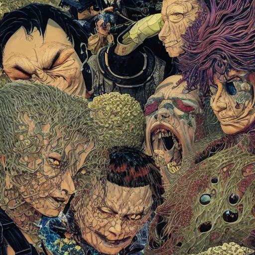 Prompt: closeup of exploding heads, by yoichi hatakenaka, masamune shirow, josan gonzales and dan mumford, ayami kojima, takato yamamoto, barclay shaw, karol bak