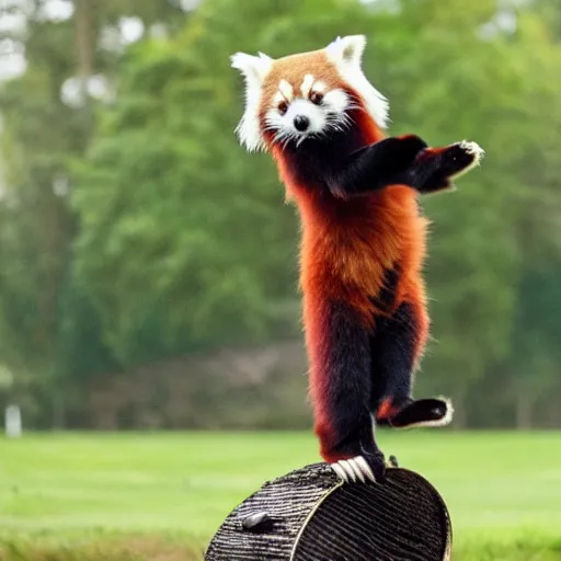 Image similar to a red panda doing a handstand on a keg