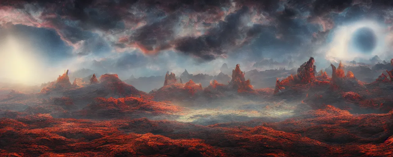 Prompt: otherworldly surreal landscape by wayne barlow, [ cinematic, colorful, epic, whimsical, fantasy, opening shot, establishing, mattepainting, 4 k ]