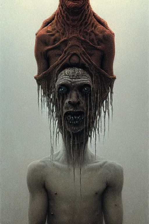 Image similar to potrait of a guy that has crooked teeth, a weird accent, and drinks hot water, by zdzislaw beksinski, by dariusz zawadzki, by wayne barlowe, gothic, surrealism, cosmic horror, lovecraftian, cold hue's, warm tone gradient background, concept art, beautiful composition