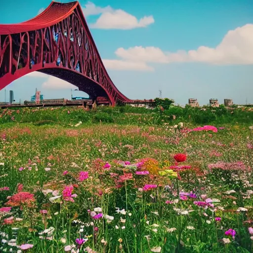 Image similar to somali friends, vintage, studio ghibli, field of flowers, city bridge, beautiful, happy, dreamy, pastel