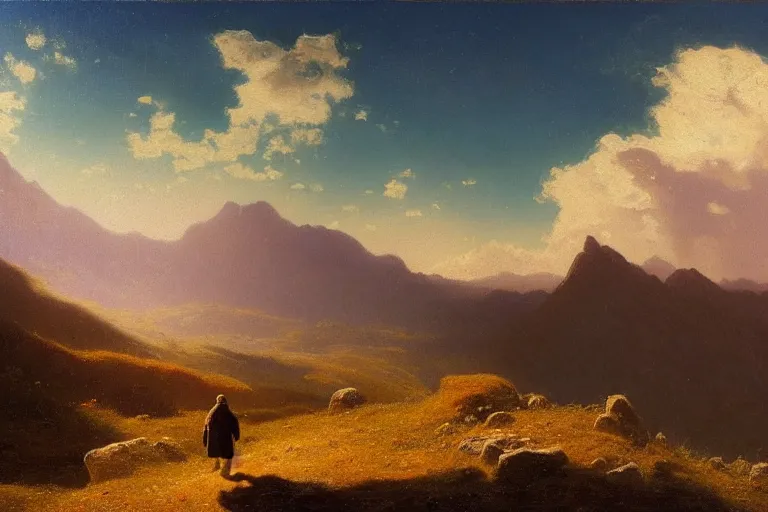 Image similar to a traveler wandering trough the mountains looking at the clouds, very detailed, focused, oil painting, cinematic lighting, albert bierstadt, trending on artstation, colorful, canvas, sunset, hans dahl, theodor kittelsen, hermann hendrich, national geographic, Konstantin Yakovlevich Kryzhitsky, beautiful nature, breathtaking, nordic