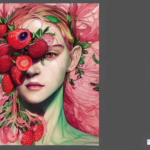 Image similar to the portrait of an absurdly beautiful, graceful, elegant, sophisticated woman made of strawberries and green petals, an ultrafine hyperdetailed illustration by kim jung gi, irakli nadar, intricate linework, bright colors, octopath traveler, final fantasy, unreal engine 5 highly rendered, global illumination, radiant light, detailed and intricate environment