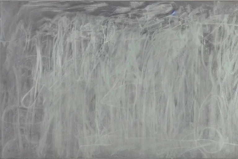 Image similar to large scale chalkboard painting by cy twombly, sparse brush strokes, high resolution art scan, well lit